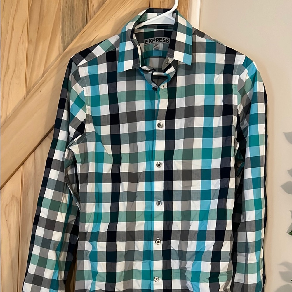 Express Men's Checkered Shirt - Blue and Black Fitted